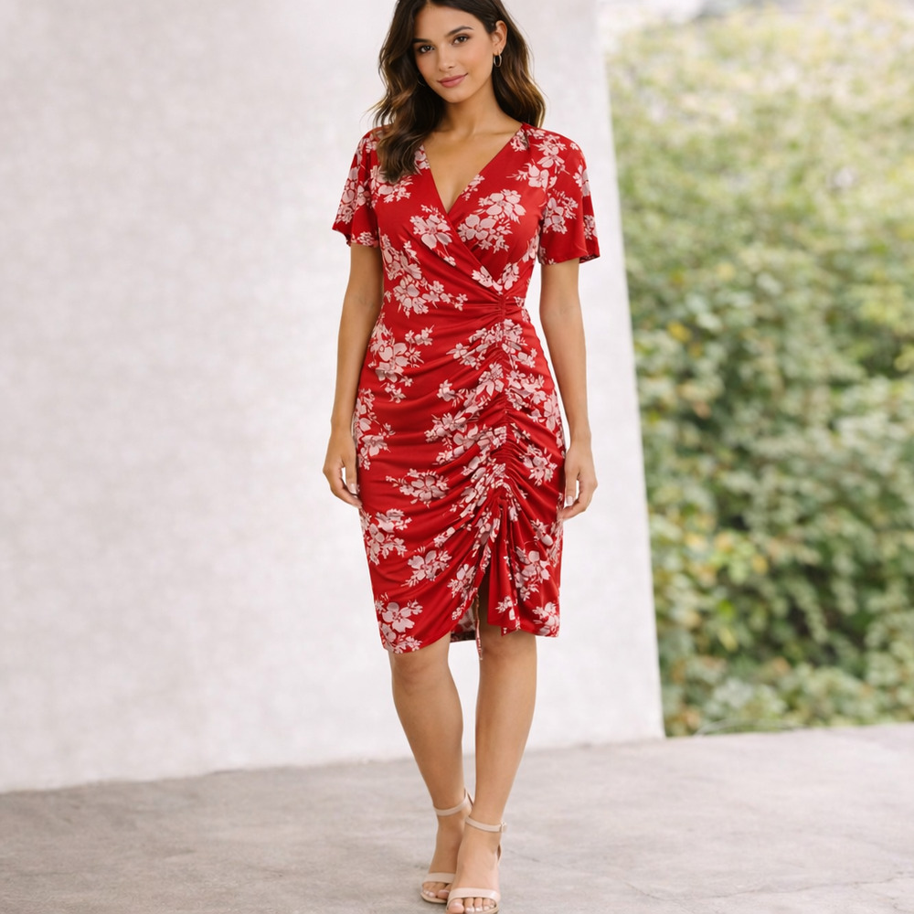 NEW NWT Women's Apricot Red & White Floral Ruch Front V-Neck Dress | Size 6